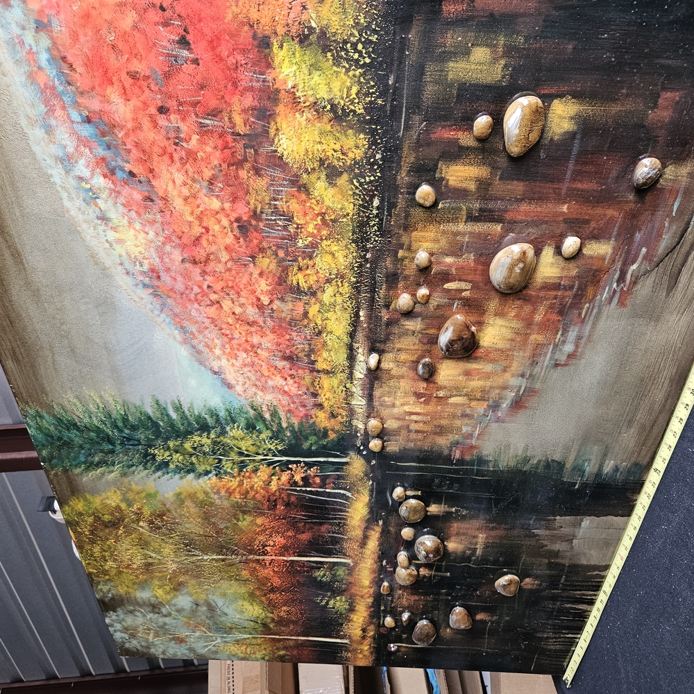 Autumn Landscape Canvas Art with 3D Stone Accents
